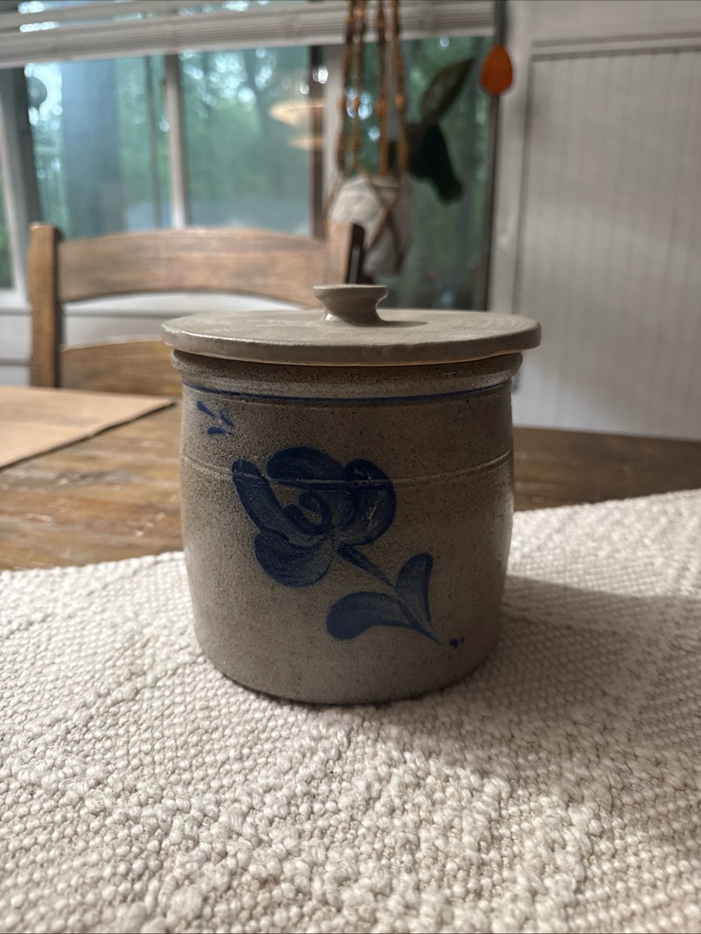 Rowe Pottery Hand-Painted Blue Floral Stoneware Crock with Lid 1984